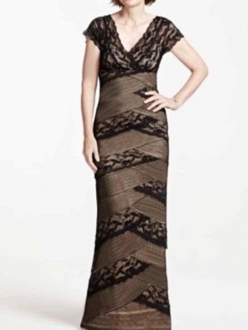 Marina Long Gown Sz 12 Womans Black Tan Lace Beaded Stretch V-neck Short Sleeve